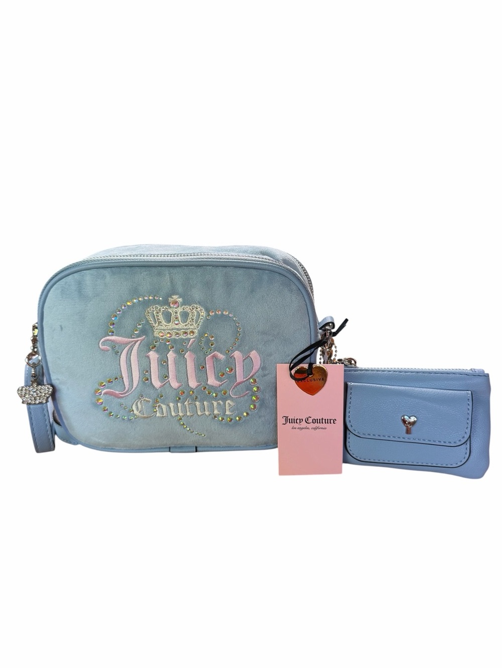 Juicy Couture Dusty Blue Y2K Bling Dreamy Crossbody Bag Double Compartment Crown